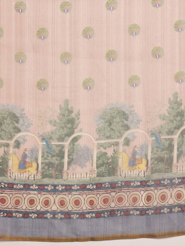 Beige Cotton Blend Printed Madhubani Saree with Unstitched Blouse - Hiral Fashion | Grocsy