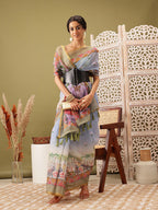 Gray Cotton Blend Printed Madhubani Saree with Unstitched Blouse - Hiral Fashion | Grocsy