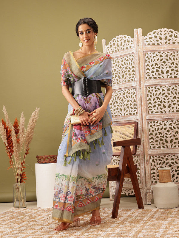Gray Cotton Blend Printed Madhubani Saree with Unstitched Blouse - Hiral Fashion | Grocsy