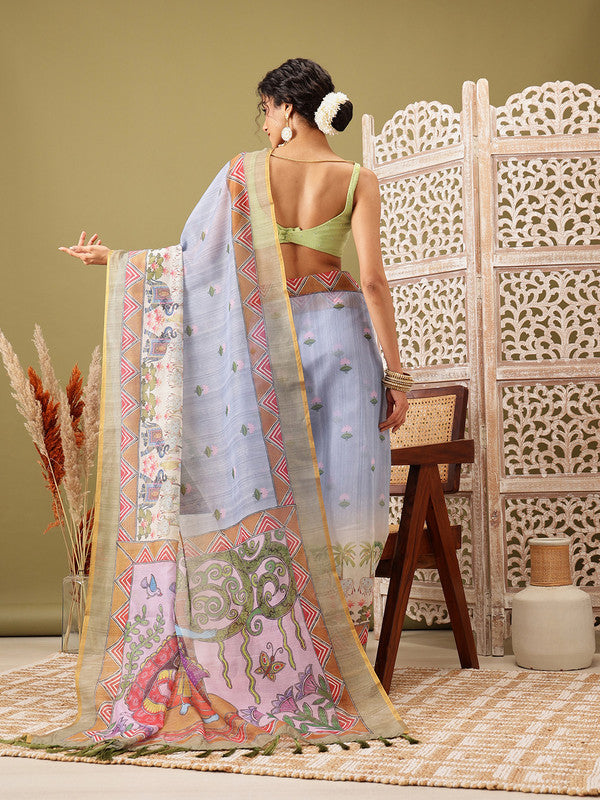 Gray Cotton Blend Printed Madhubani Saree with Unstitched Blouse - Hiral Fashion | Grocsy