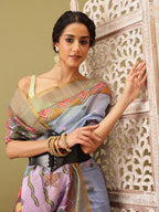 Gray Cotton Blend Printed Madhubani Saree with Unstitched Blouse - Hiral Fashion | Grocsy