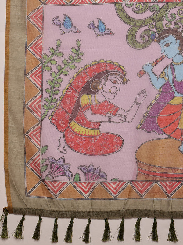 Gray Cotton Blend Printed Madhubani Saree with Unstitched Blouse - Hiral Fashion | Grocsy