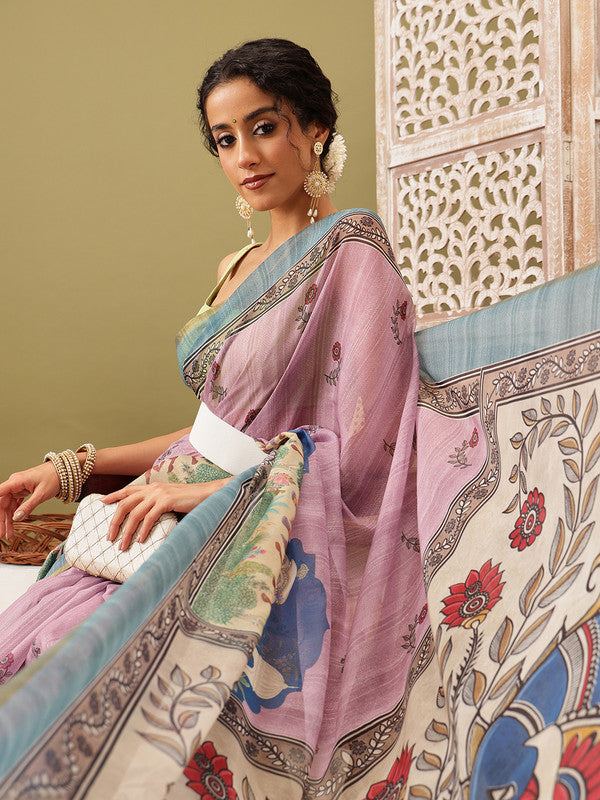 Pink Cotton Blend Printed Madhubani Saree with Unstitched Blouse - Hiral Fashion | Grocsy