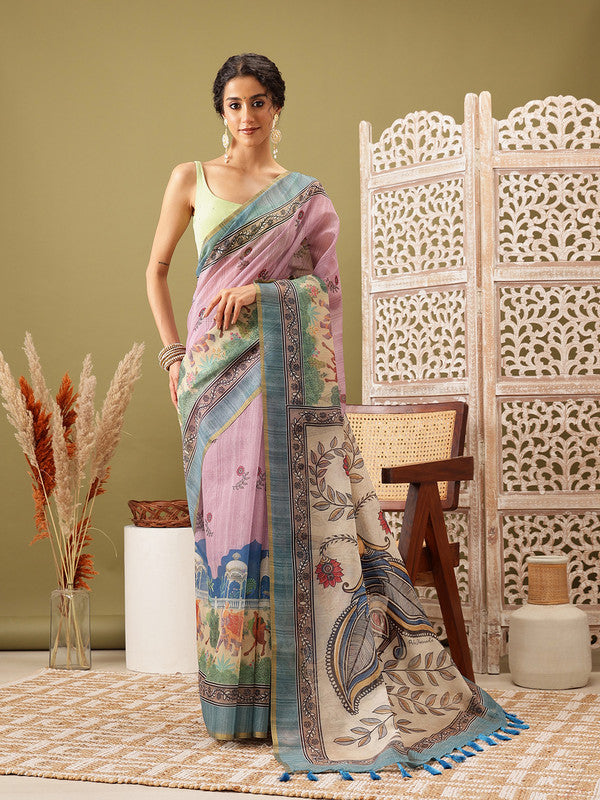 Pink Cotton Blend Printed Madhubani Saree with Unstitched Blouse - Hiral Fashion | Grocsy