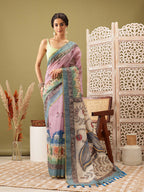Pink Cotton Blend Printed Madhubani Saree with Unstitched Blouse - Hiral Fashion | Grocsy