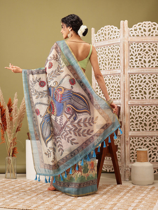 Pink Cotton Blend Printed Madhubani Saree with Unstitched Blouse - Hiral Fashion | Grocsy
