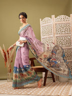 Pink Cotton Blend Printed Madhubani Saree with Unstitched Blouse - Hiral Fashion | Grocsy