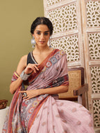 Rust Cotton Blend Printed Madhubani Saree with Unstitched Blouse - Hiral Fashion | Grocsy