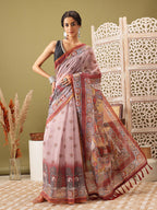 Rust Cotton Blend Printed Madhubani Saree with Unstitched Blouse - Hiral Fashion | Grocsy