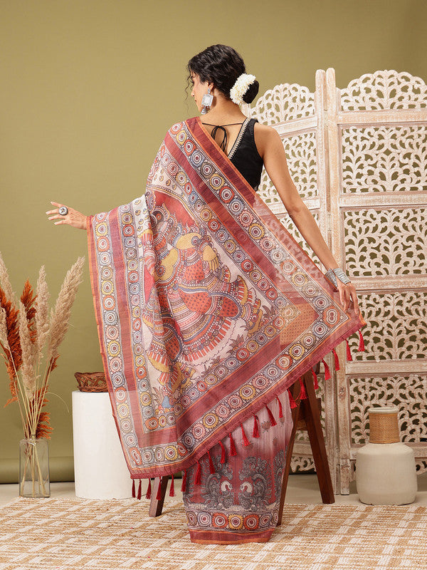 Rust Cotton Blend Printed Madhubani Saree with Unstitched Blouse - Hiral Fashion | Grocsy
