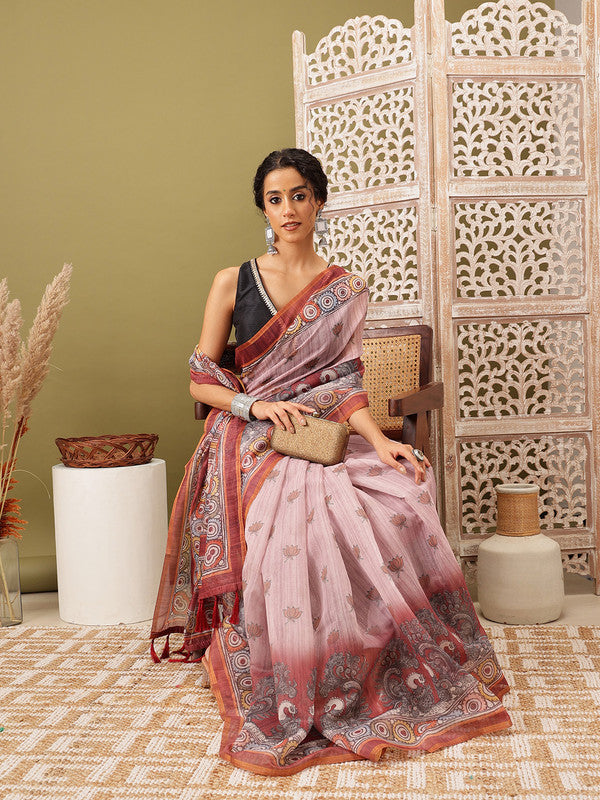 Rust Cotton Blend Printed Madhubani Saree with Unstitched Blouse - Hiral Fashion | Grocsy