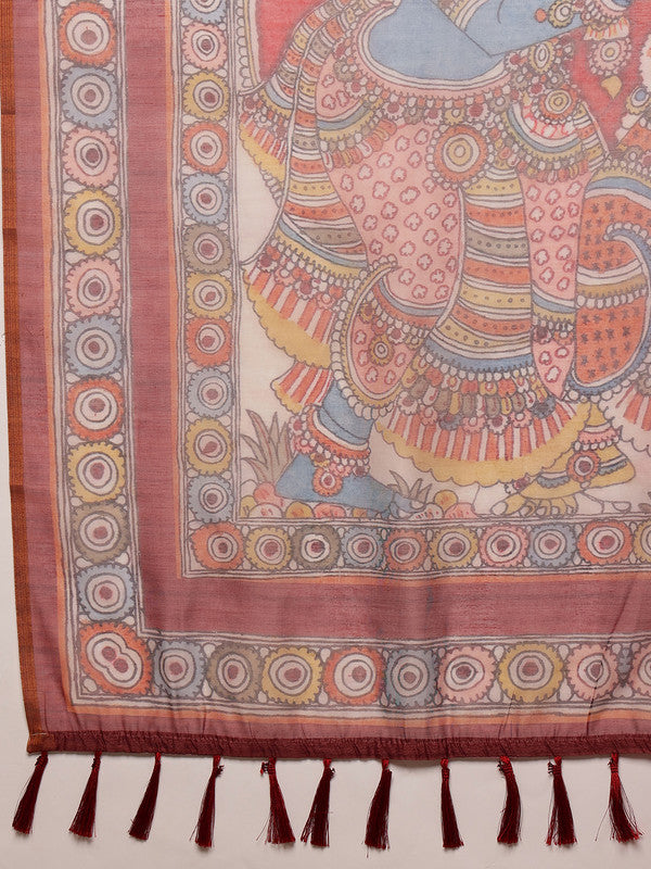 Rust Cotton Blend Printed Madhubani Saree with Unstitched Blouse - Hiral Fashion | Grocsy