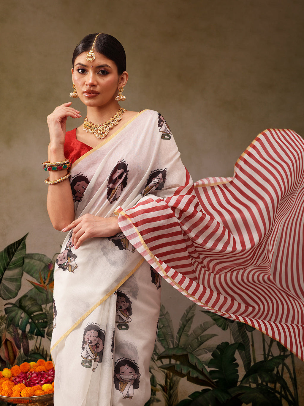 Hiral Fashion Beige Chanderi Cotton Blend Abstract Digital Print Saree | Grocsy