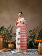Hiral Fashion Beige Chanderi Cotton Blend Abstract Digital Print Saree | Grocsy
