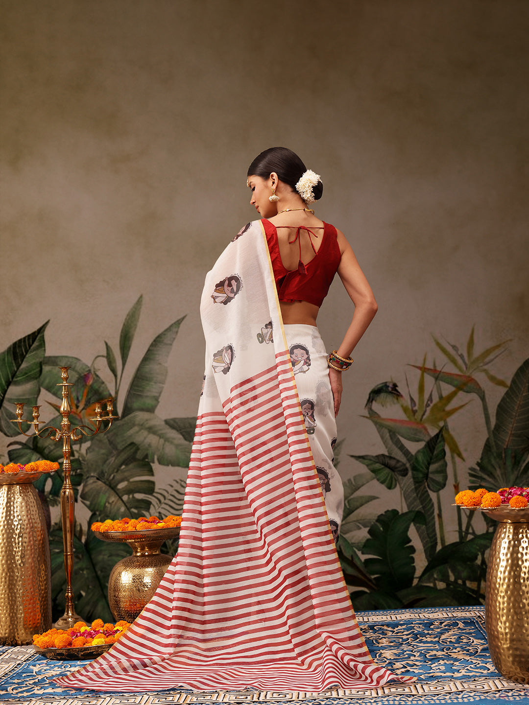 Hiral Fashion Beige Chanderi Cotton Blend Abstract Digital Print Saree | Grocsy
