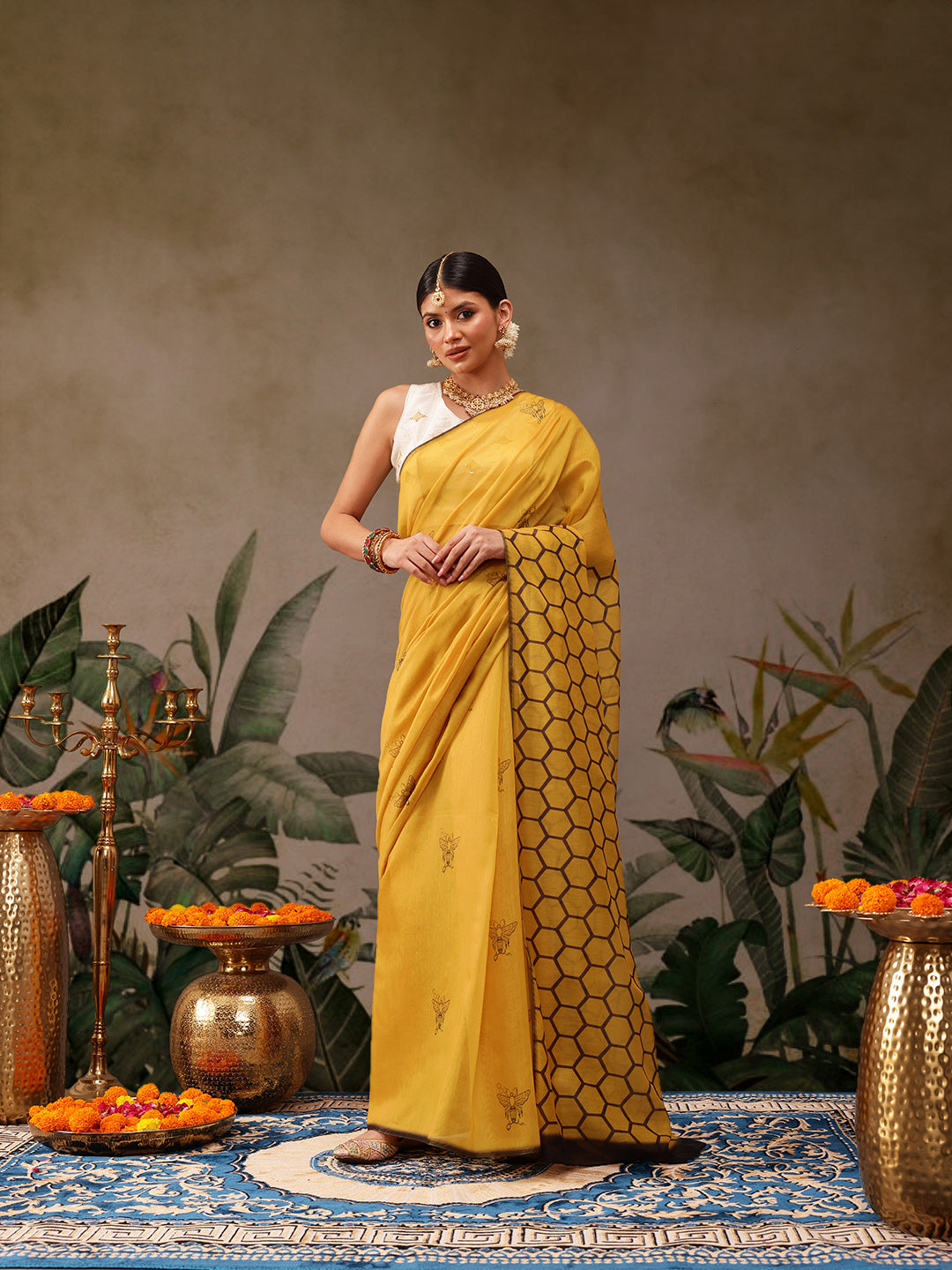 Hiral Fashion Yellow Chanderi Cotton Blend Animal Digital Print Saree | Grocsy