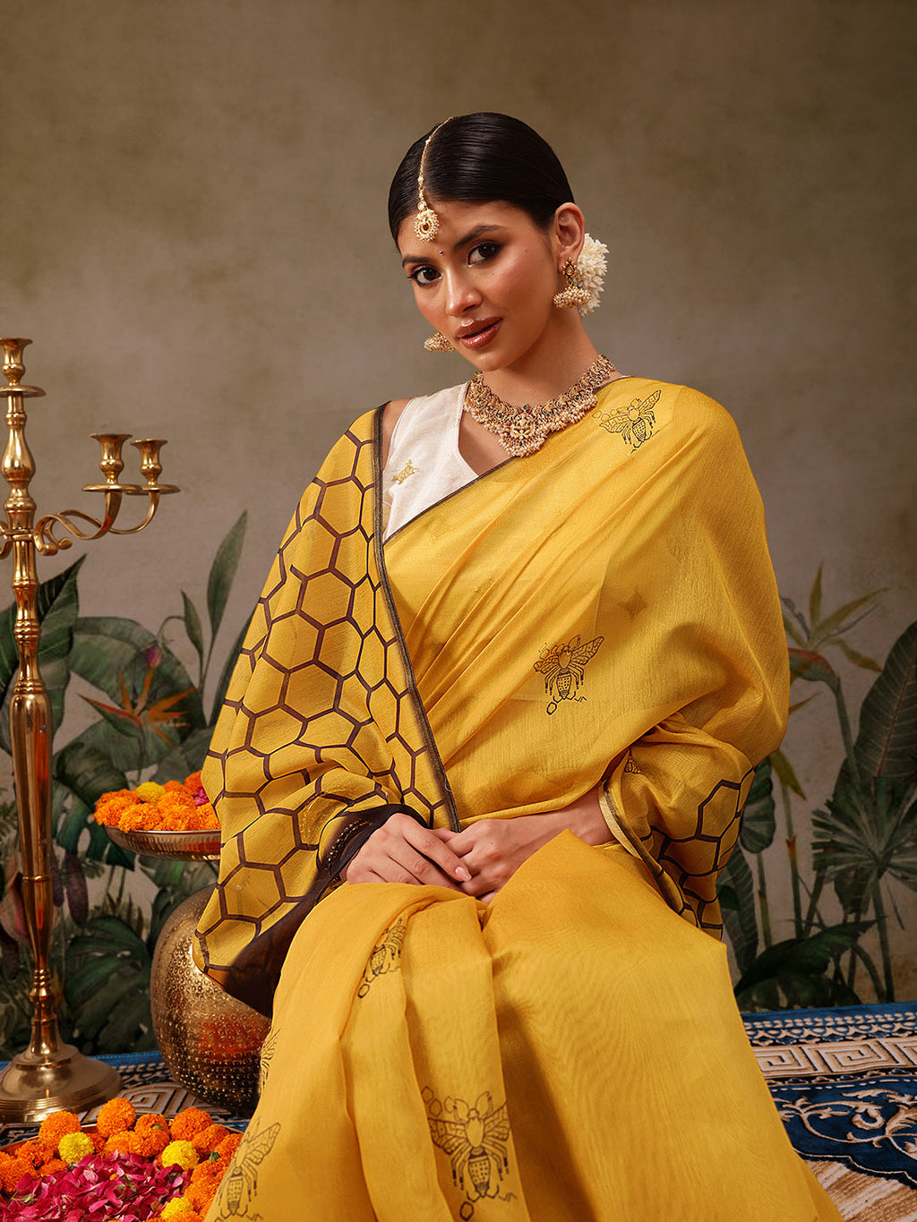 Hiral Fashion Yellow Chanderi Cotton Blend Animal Digital Print Saree | Grocsy