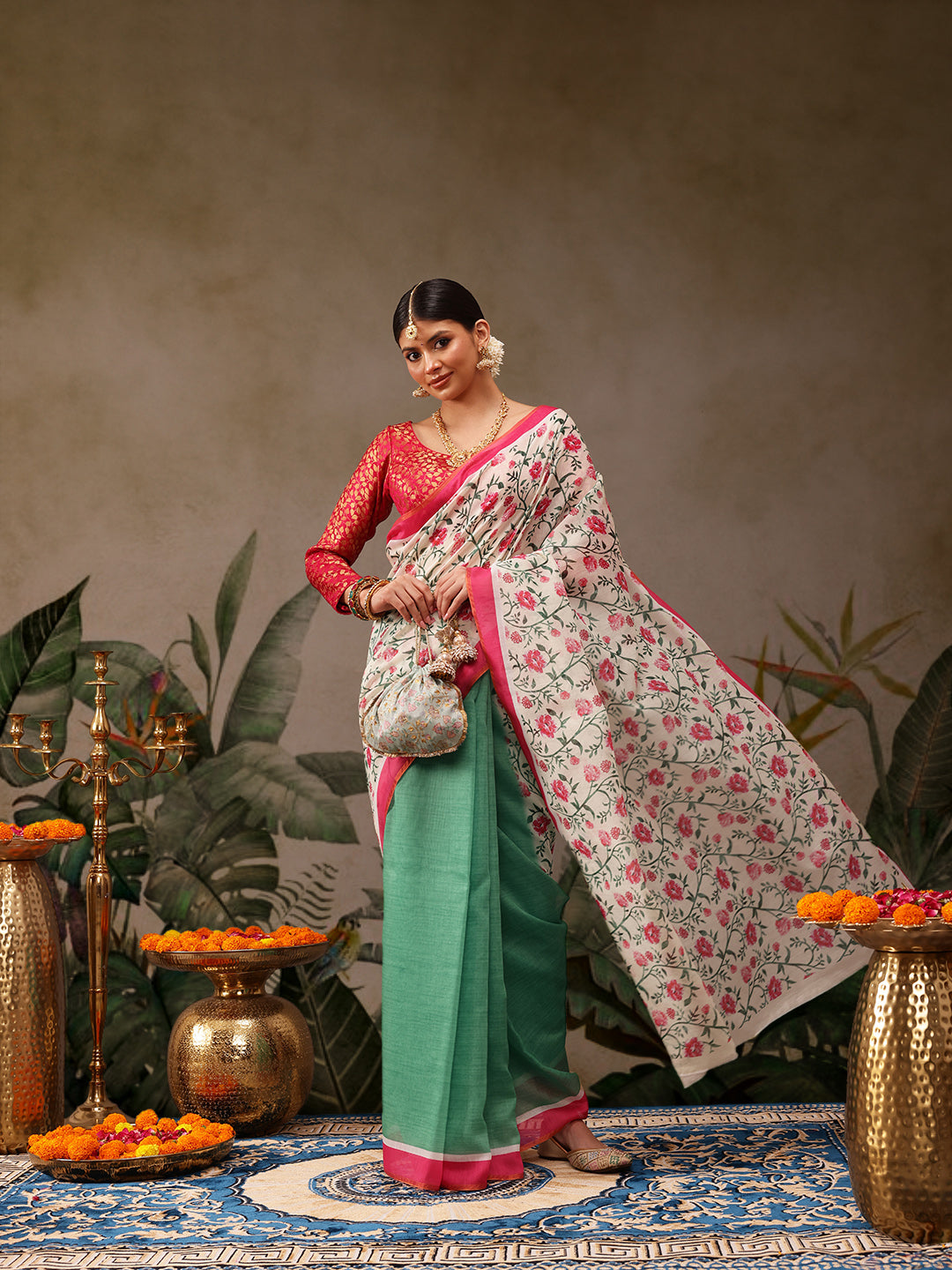 Hiral Fashion Green Chanderi Cotton Blend Floral Digital Print Saree | Grocsy