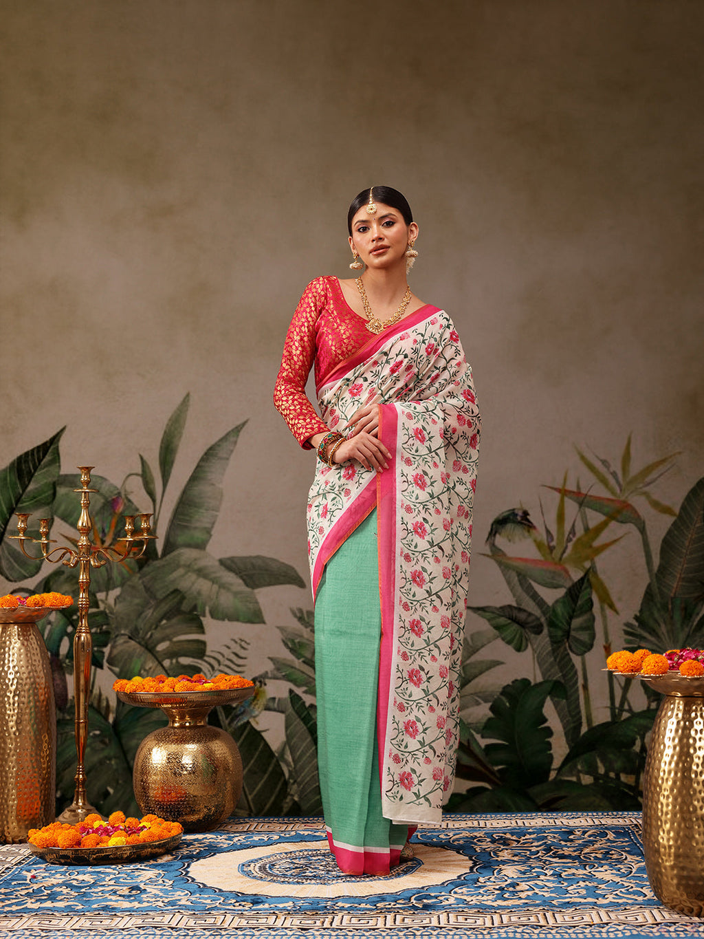 Hiral Fashion Green Chanderi Cotton Blend Floral Digital Print Saree | Grocsy
