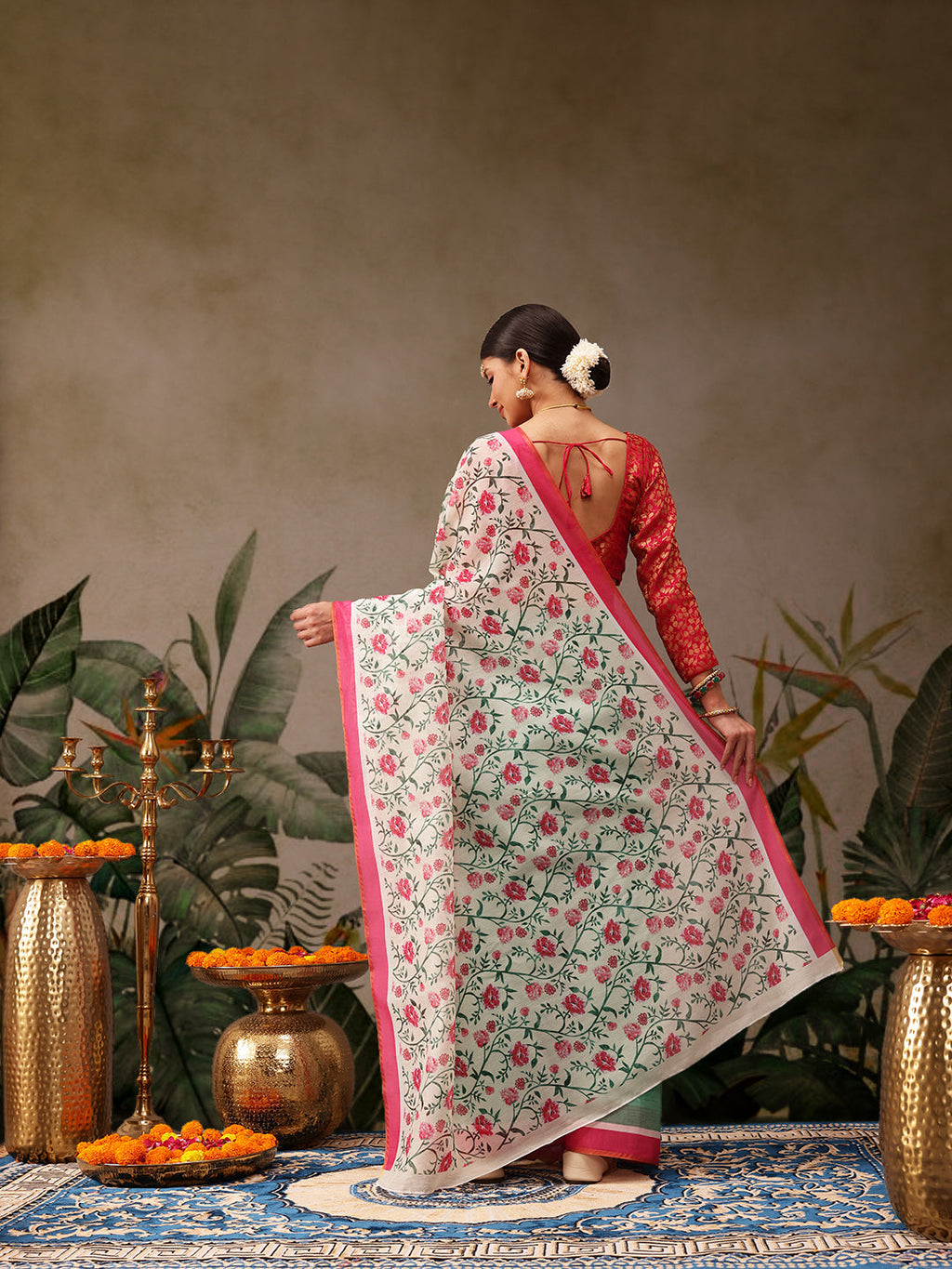 Hiral Fashion Green Chanderi Cotton Blend Floral Digital Print Saree | Grocsy