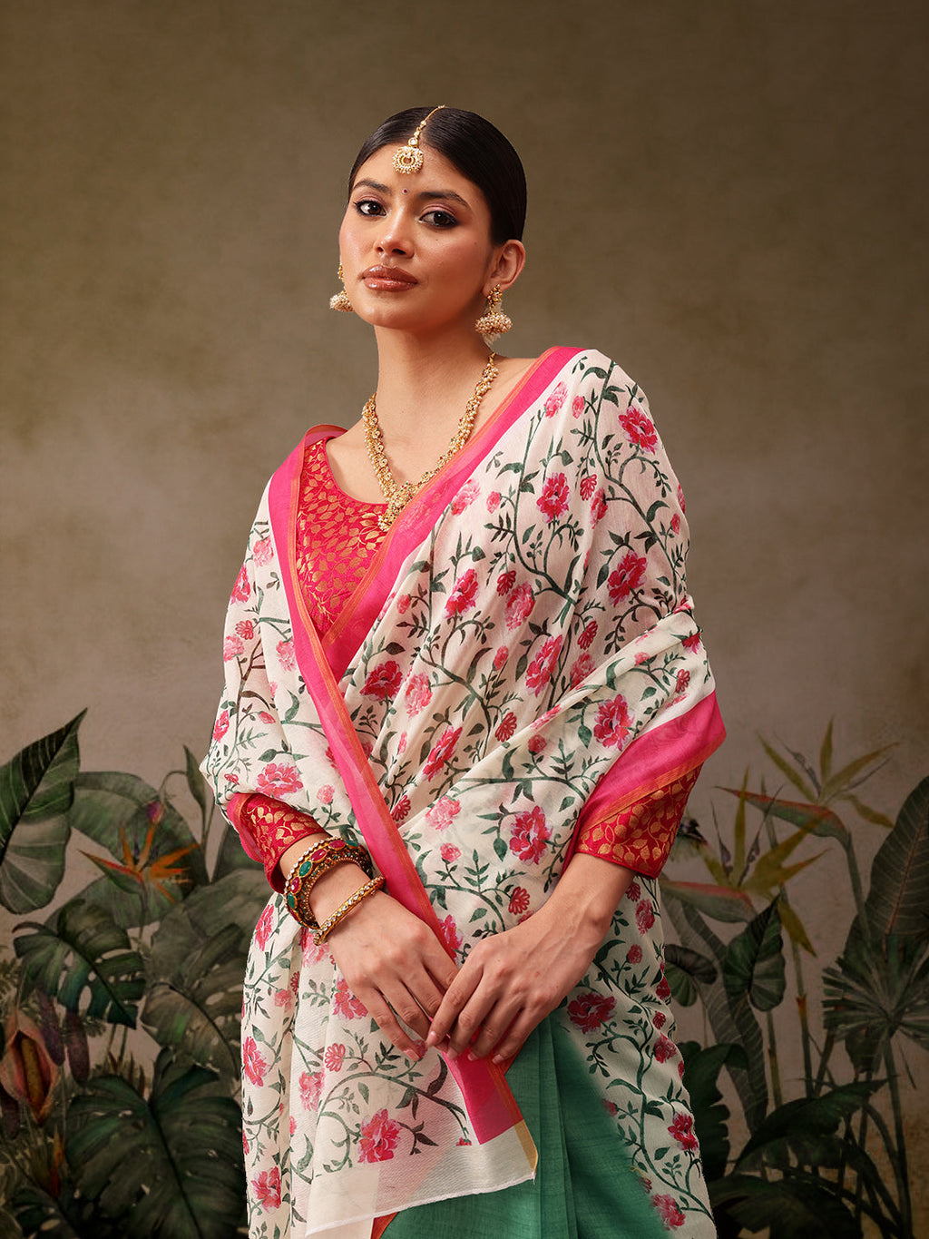 Hiral Fashion Green Chanderi Cotton Blend Floral Digital Print Saree | Grocsy