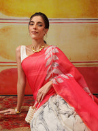 Hiral Fashion White Chanderi Cotton Blend Abstract Digital Printed Saree | Grocsy