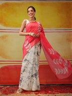Hiral Fashion White Chanderi Cotton Blend Abstract Digital Printed Saree | Grocsy