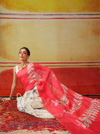 Hiral Fashion White Chanderi Cotton Blend Abstract Digital Printed Saree | Grocsy
