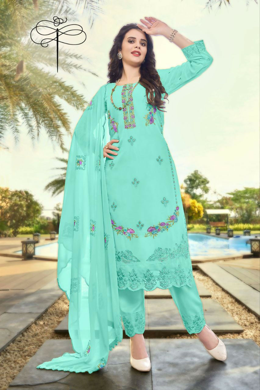 Jyoti Fashion Women's Turquoise Faux Georgette Heavy Embroidery and Moti Work Kurta Set | Grocsy