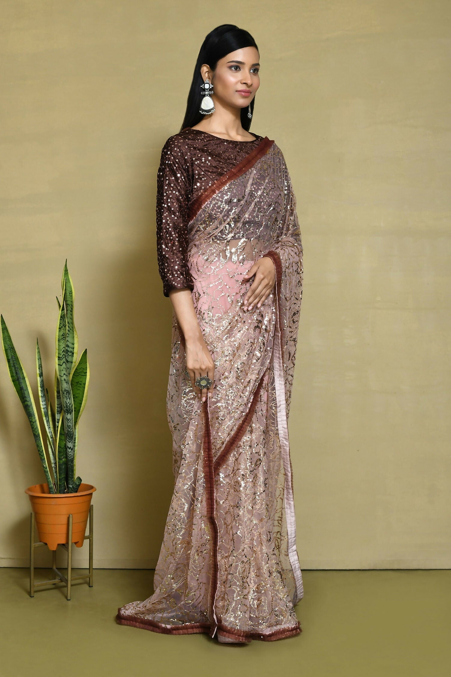 Brown Net Sequence Embroidered Festive Saree - Nimaya Denzy | Grocsy