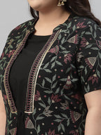 Sztori Plus Size Floral Foil Printed Mandarin Collar A-Line Kurta With Trouser | Grocsy