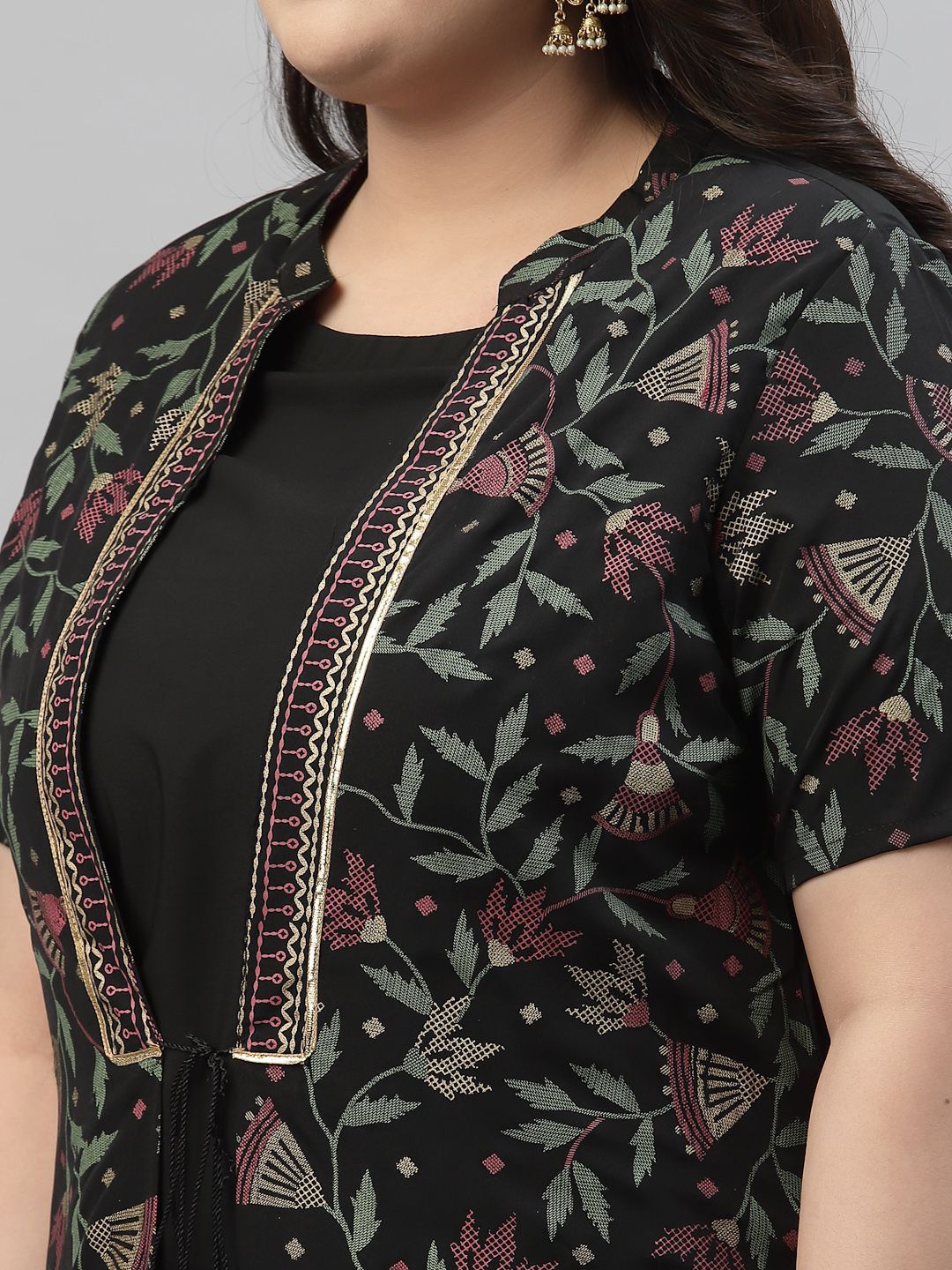 Sztori Plus Size Floral Foil Printed Mandarin Collar A-Line Kurta With Trouser | Grocsy