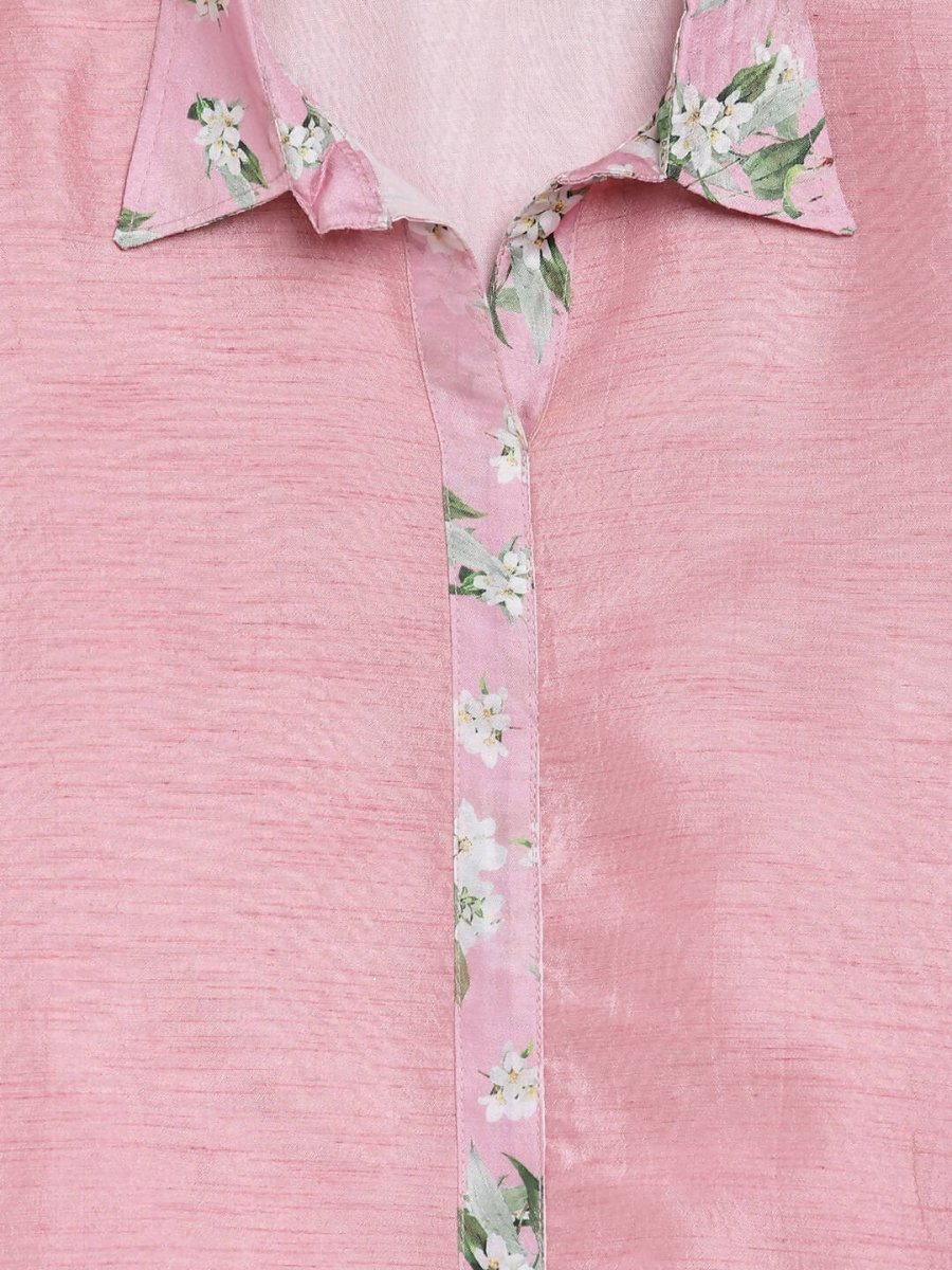 Ahalyaa Pink Poly Silk Solid Kids Kurta with Printed Pant Set For Girls | Grocsy