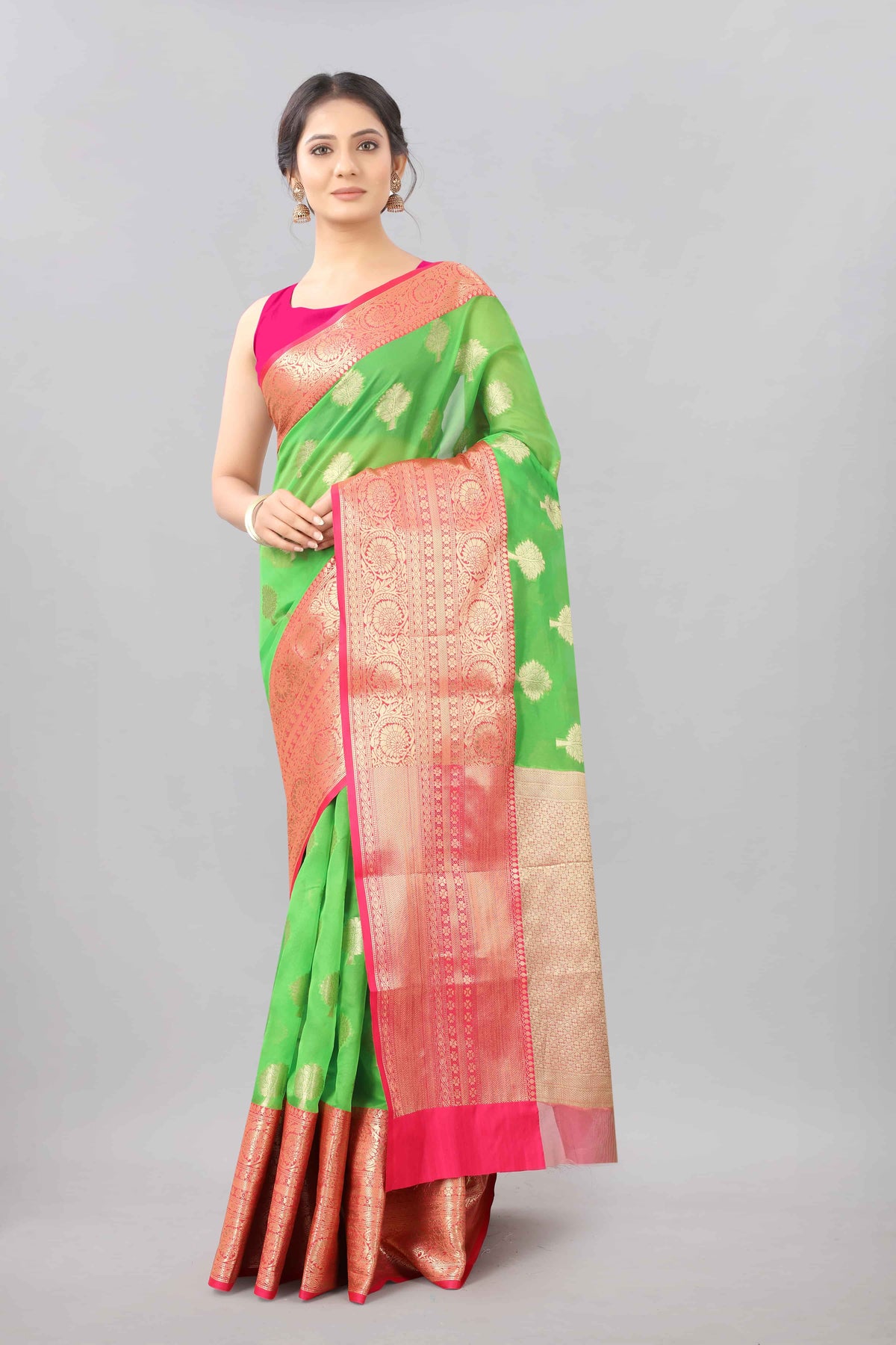 Hiral Fashion Green Banarasi Silk Blend Floral Woven Design Saree | Grocsy