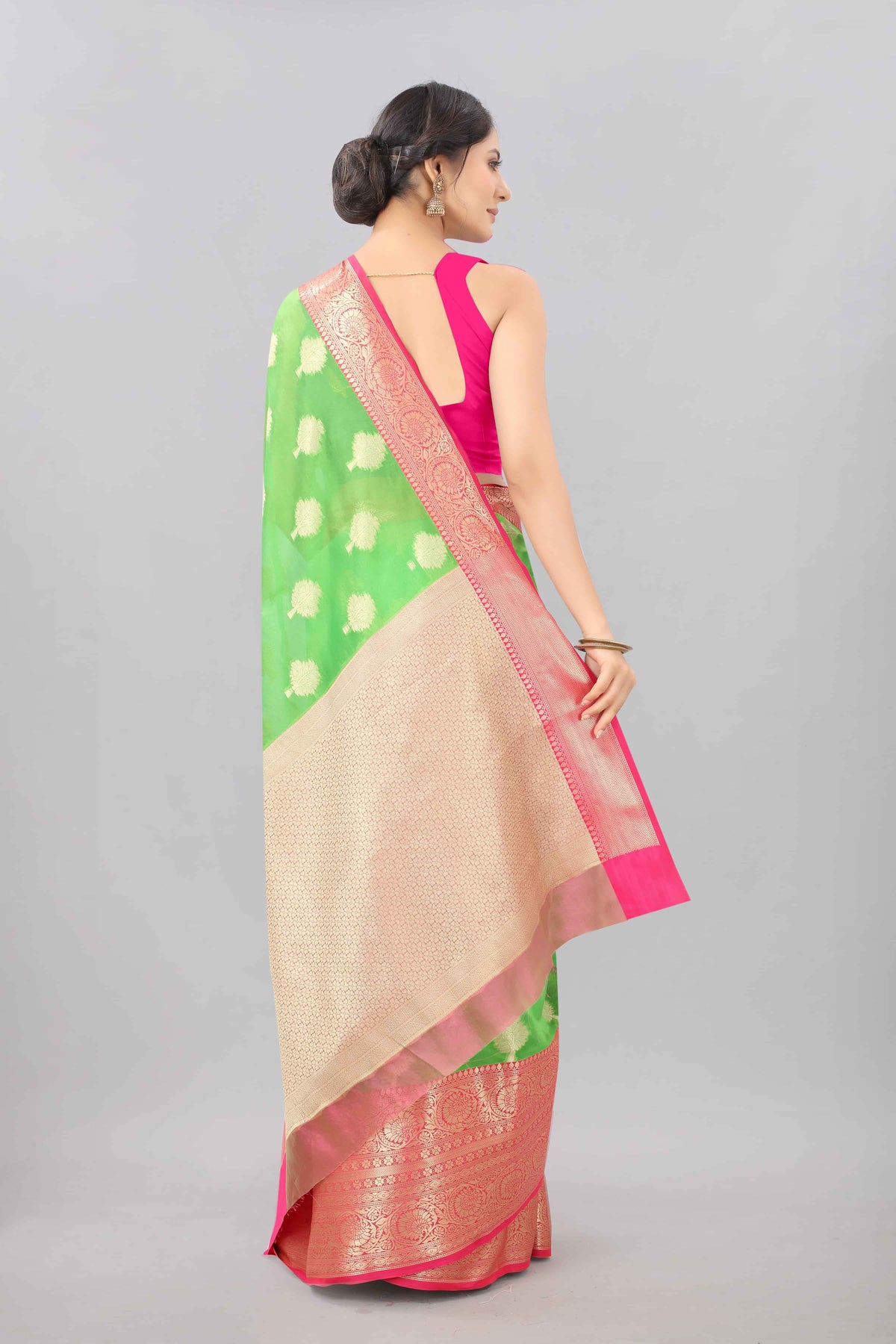 Hiral Fashion Green Banarasi Silk Blend Floral Woven Design Saree | Grocsy