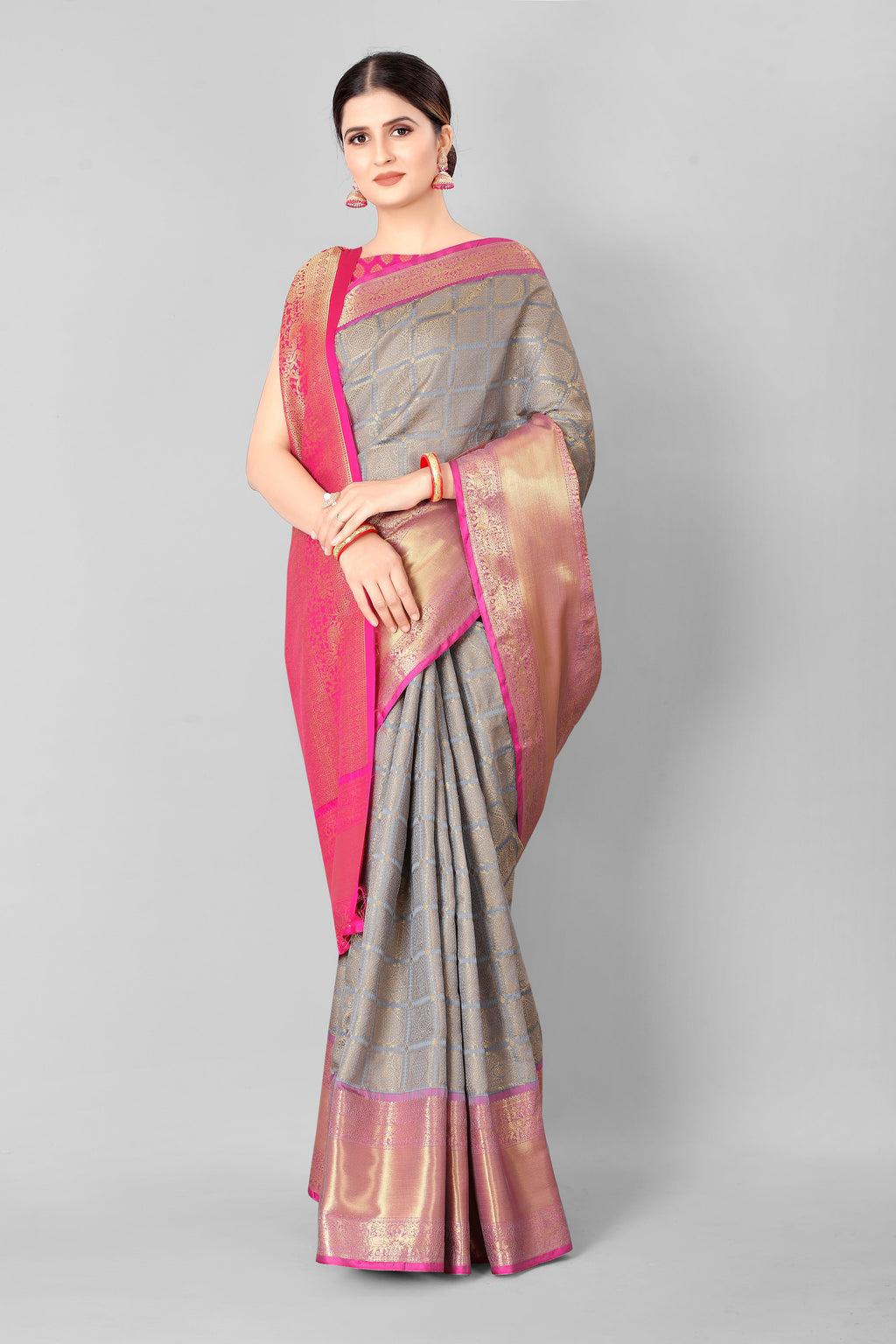 Hiral Fashion Grey Banarasi Silk Blend Geomatric Woven Design Saree | Grocsy