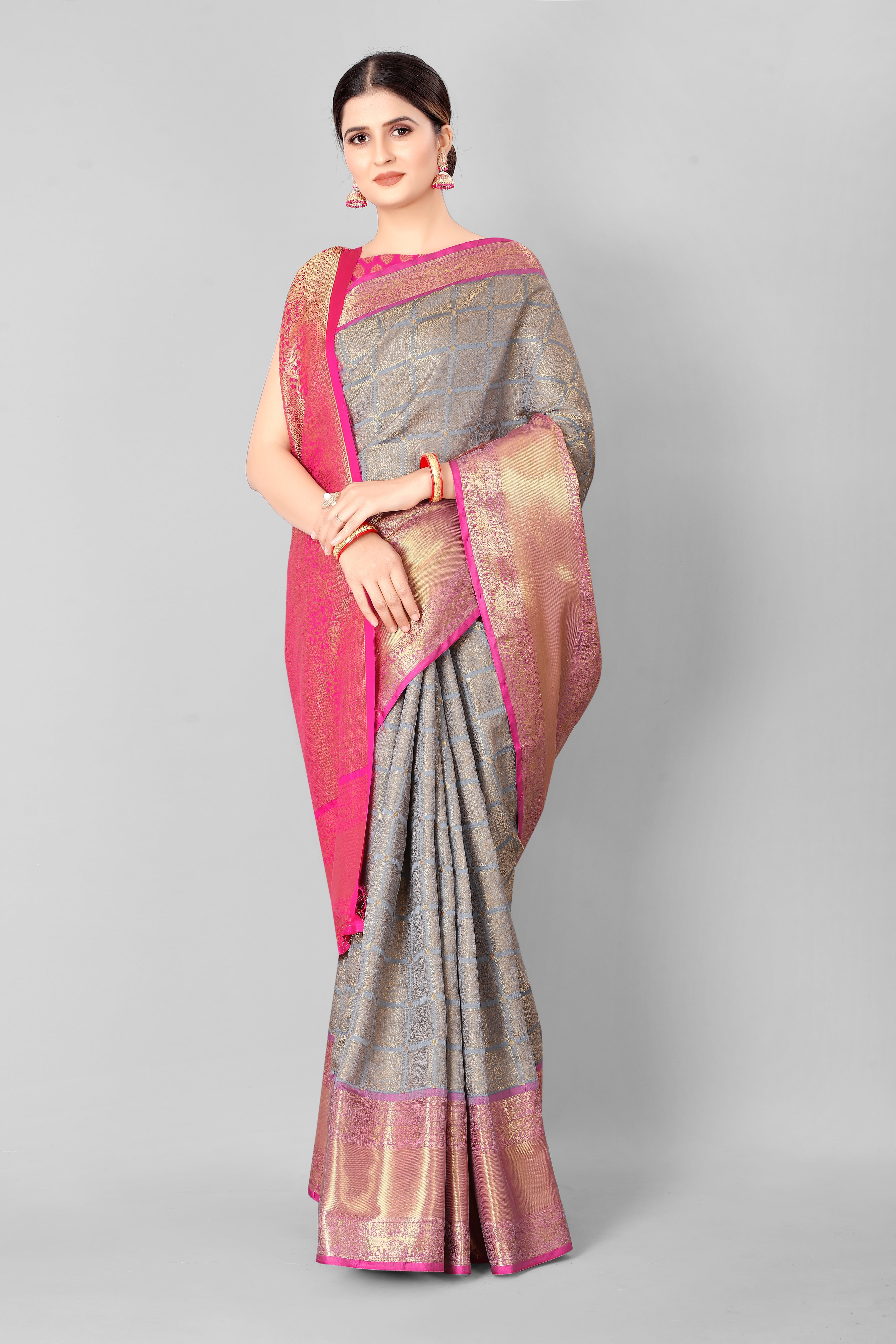 Hiral Fashion Grey Banarasi Silk Blend Geomatric Woven Design Saree | Grocsy