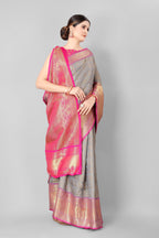 Hiral Fashion Grey Banarasi Silk Blend Geomatric Woven Design Saree | Grocsy