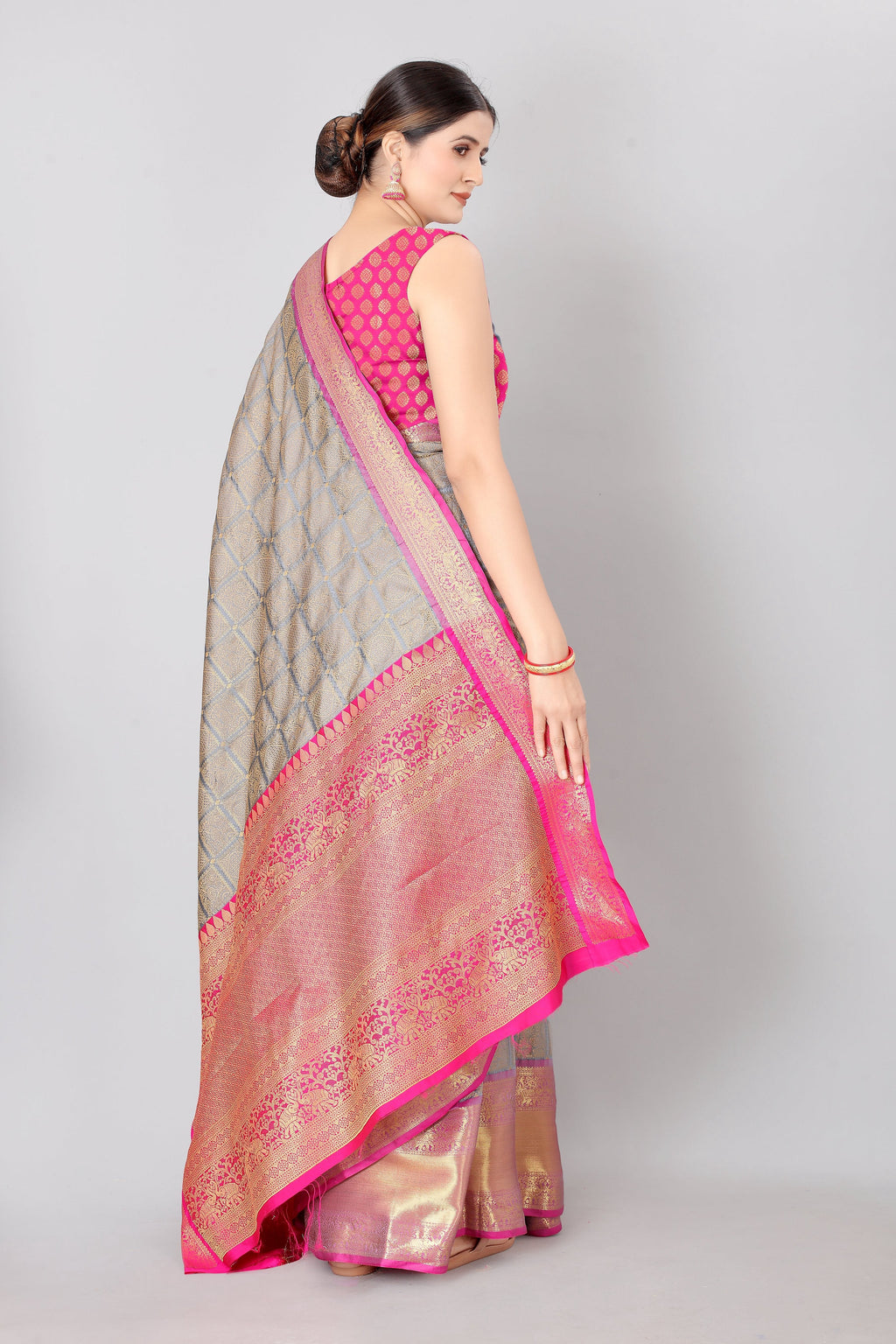 Hiral Fashion Grey Banarasi Silk Blend Geomatric Woven Design Saree | Grocsy