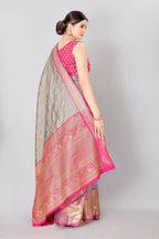 Hiral Fashion Grey Banarasi Silk Blend Geomatric Woven Design Saree | Grocsy