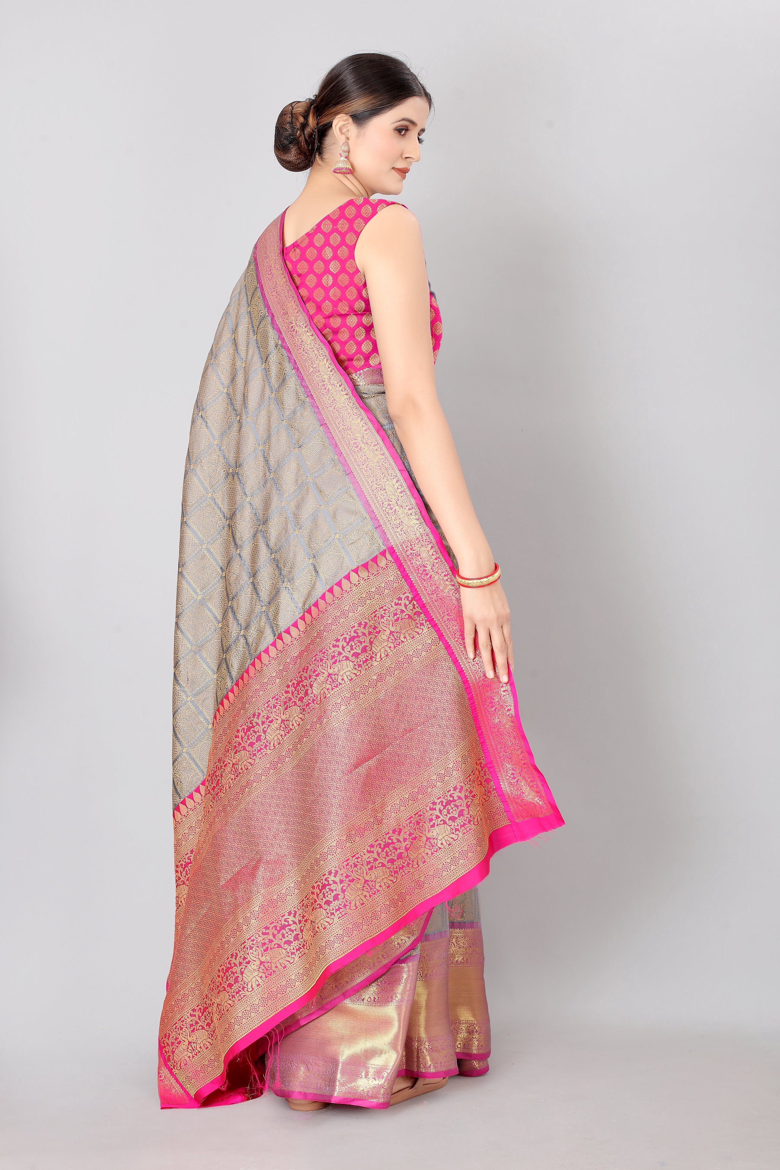 Hiral Fashion Grey Banarasi Silk Blend Geomatric Woven Design Saree | Grocsy