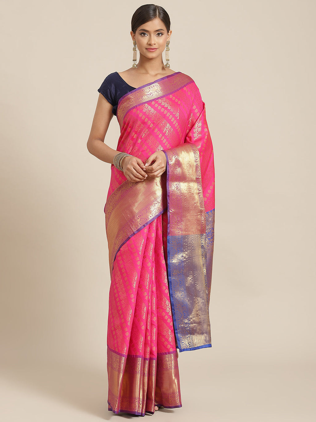 Hiral Fashion Pink Banarasi Silk Blend Abstract Woven Design Saree | Grocsy