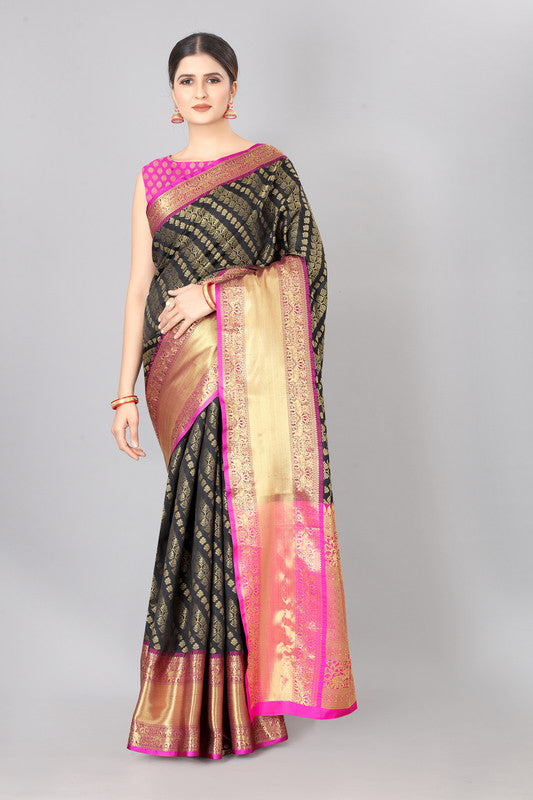 Olive Banarasi Silk Woven Zari Design Striped Saree with Unstitched Blouse - Hiral Fashion | Grocsy