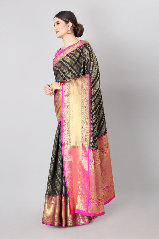 Olive Banarasi Silk Woven Zari Design Striped Saree with Unstitched Blouse - Hiral Fashion | Grocsy