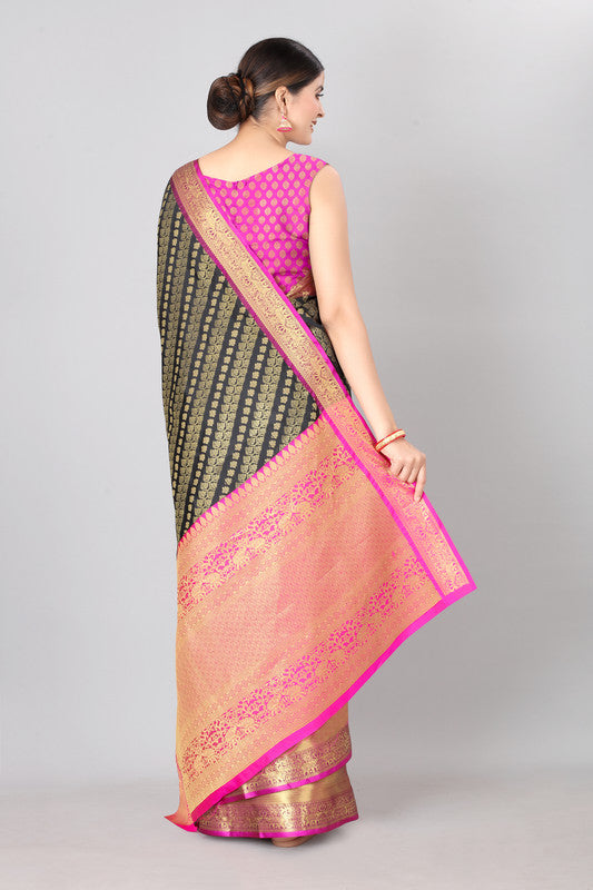 Olive Banarasi Silk Woven Zari Design Striped Saree with Unstitched Blouse - Hiral Fashion | Grocsy