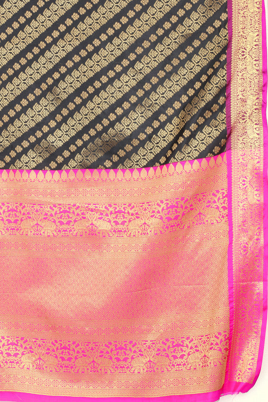 Olive Banarasi Silk Woven Zari Design Striped Saree with Unstitched Blouse - Hiral Fashion | Grocsy