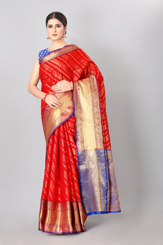 Red Silk Blend Woven Zari Design Abstract Saree with Unstitched Blouse - Hiral Fashion | Grocsy