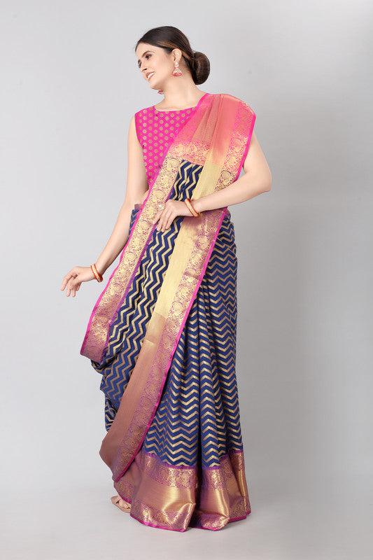Navy Blue Silk Blend Woven Zari Design Striped Saree with Unstitched Blouse - Hiral Fashion | Grocsy