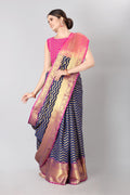 Navy Blue Silk Blend Woven Zari Design Striped Saree with Unstitched Blouse - Hiral Fashion | Grocsy