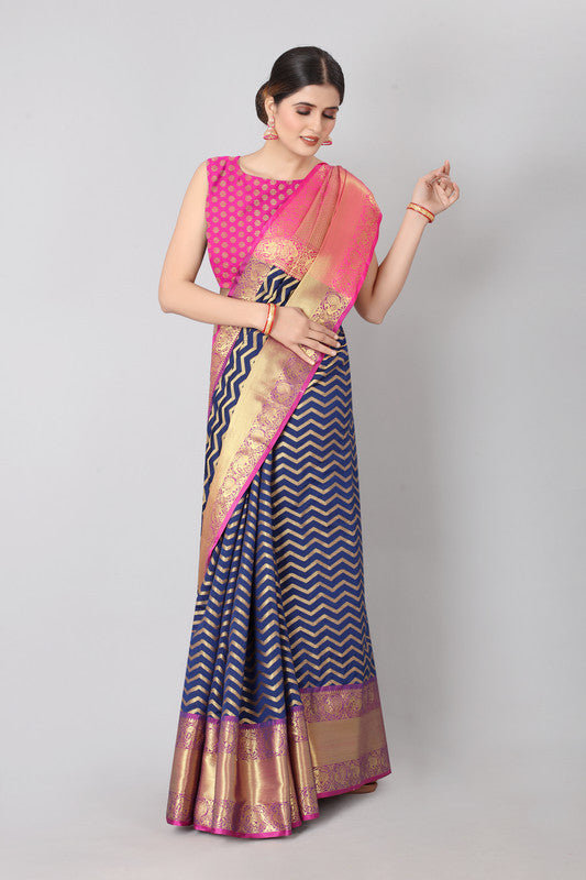 Navy Blue Silk Blend Woven Zari Design Striped Saree with Unstitched Blouse - Hiral Fashion | Grocsy